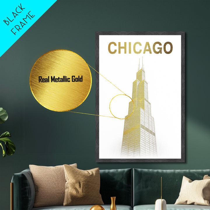 Chicago Illinois art, Metallic Gold Art, Office Decor, Metal Art, Wood Framed Art, Graduation Travel Gift, Destination Gift