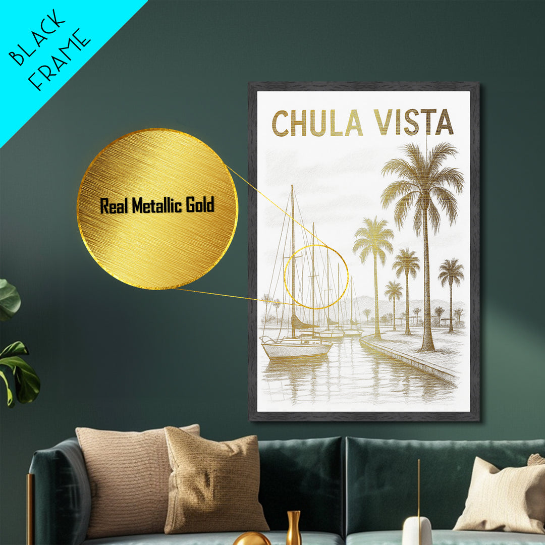 Chula Vista California travel, Metallic Gold Print, Closing Gift, Metal Art, Wood Framed Art, Anniversary Travel Gift, Retirement Travel Gift