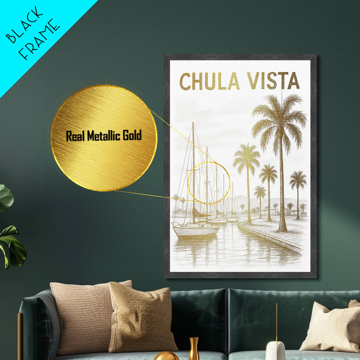 Chula Vista California travel, Metallic Gold Print, Closing Gift, Metal Art, Wood Framed Art, Anniversary Travel Gift, Retirement Travel Gift