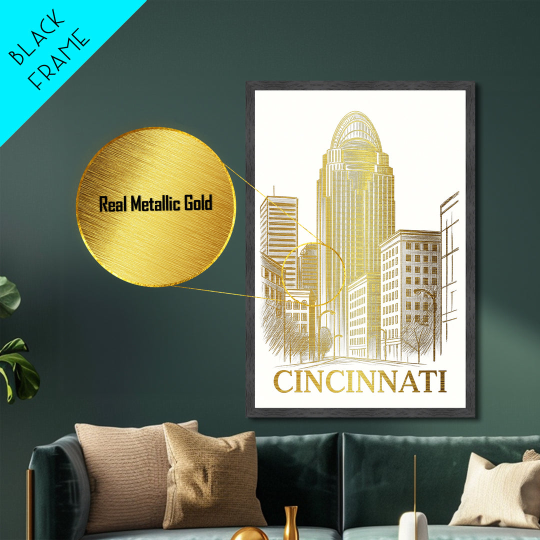 Cincinnati Ohio art, Metallic Gold Art, Travel Art Prints, Metal Art, Wood Framed Art, Adventure Lover Gift, Traveler Gift