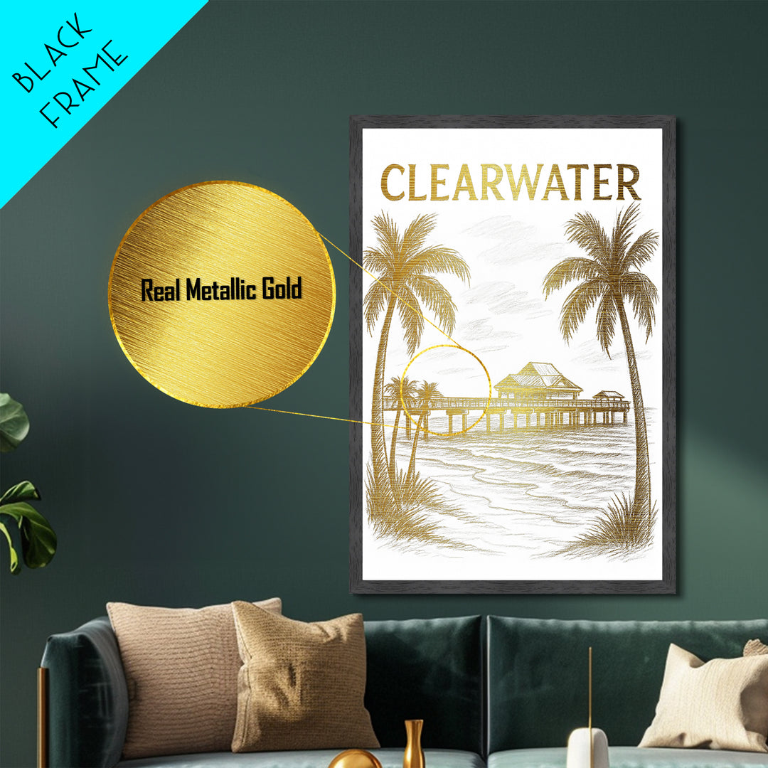 Clearwater Florida travel, Metallic Gold Print, College Dorm Décor, Metal Art, Wood Framed Art, Graduation Travel Gift, Traveler Gift