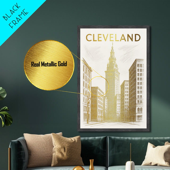 Cleveland Ohio travel, Metallic Gold Print, Modern Skyline Wall Print, Metal Art, Wood Framed Art, Adventure Lover Gift, Travel Gift