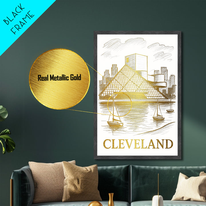 Cleveland Ohio art, Metallic Gold Art, Housewarming Gift, Metal Art, Wood Framed Art, Newlywed Travel Gift, Honeymoon Gift