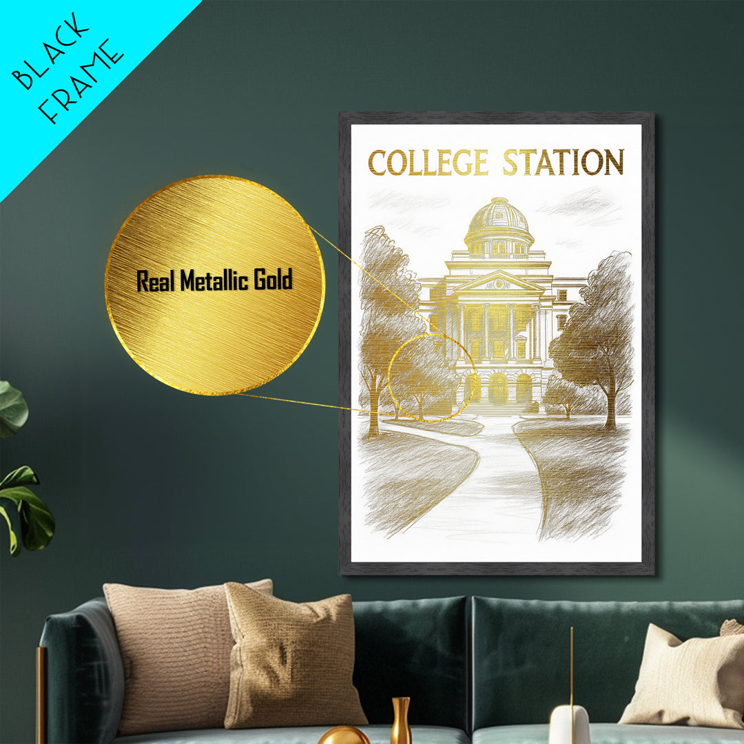 College Station Texas travel, Metallic Gold Print, College Dorm Décor, Metal Art, Wood Framed Art, Graduation Travel Gift, Traveler Gift
