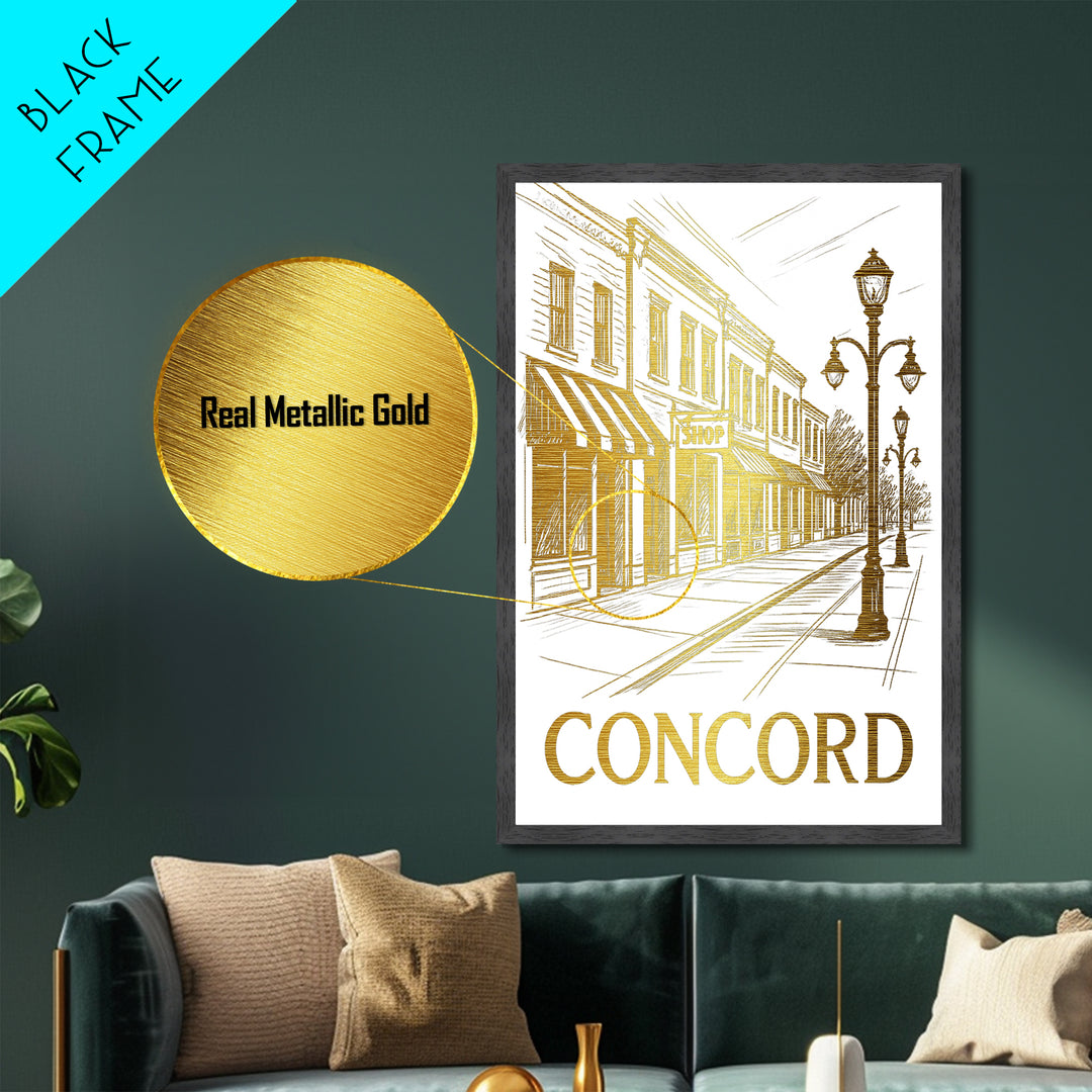 Concord North Carolina travel, Metallic Gold Print, Closing Gift, Metal Art, Wood Framed Art, Anniversary Travel Gift, Retirement Gift