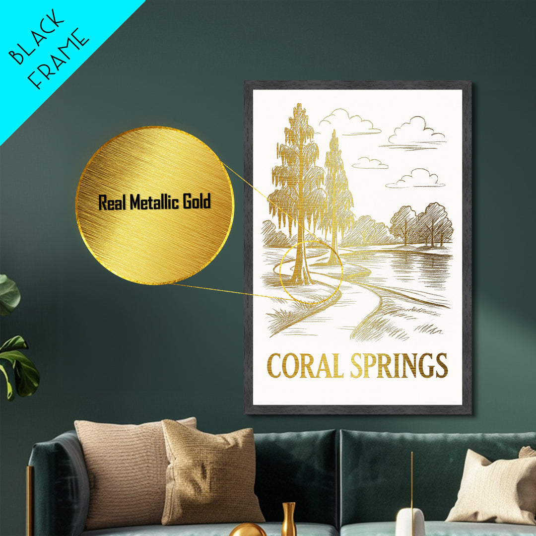 Coral Springs Florida art, Metallic Gold Art, Travel Art Prints, Metal Art, Wood Framed Art, Adventure Lover Gift, Traveler Gift