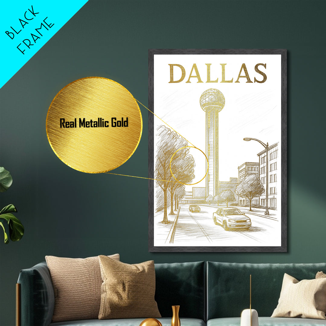 Dallas Texas travel, Metallic Gold Print, Modern House Art, Metal Art, Wood Framed Art, Traveler Gift, Destination Gift