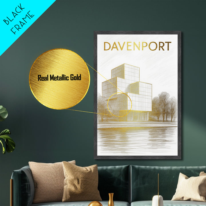 Davenport Iowa travel, Metallic Gold Print, Modern House Art, Metal Art, Wood Framed Art, Traveler Gift, Destination Gift