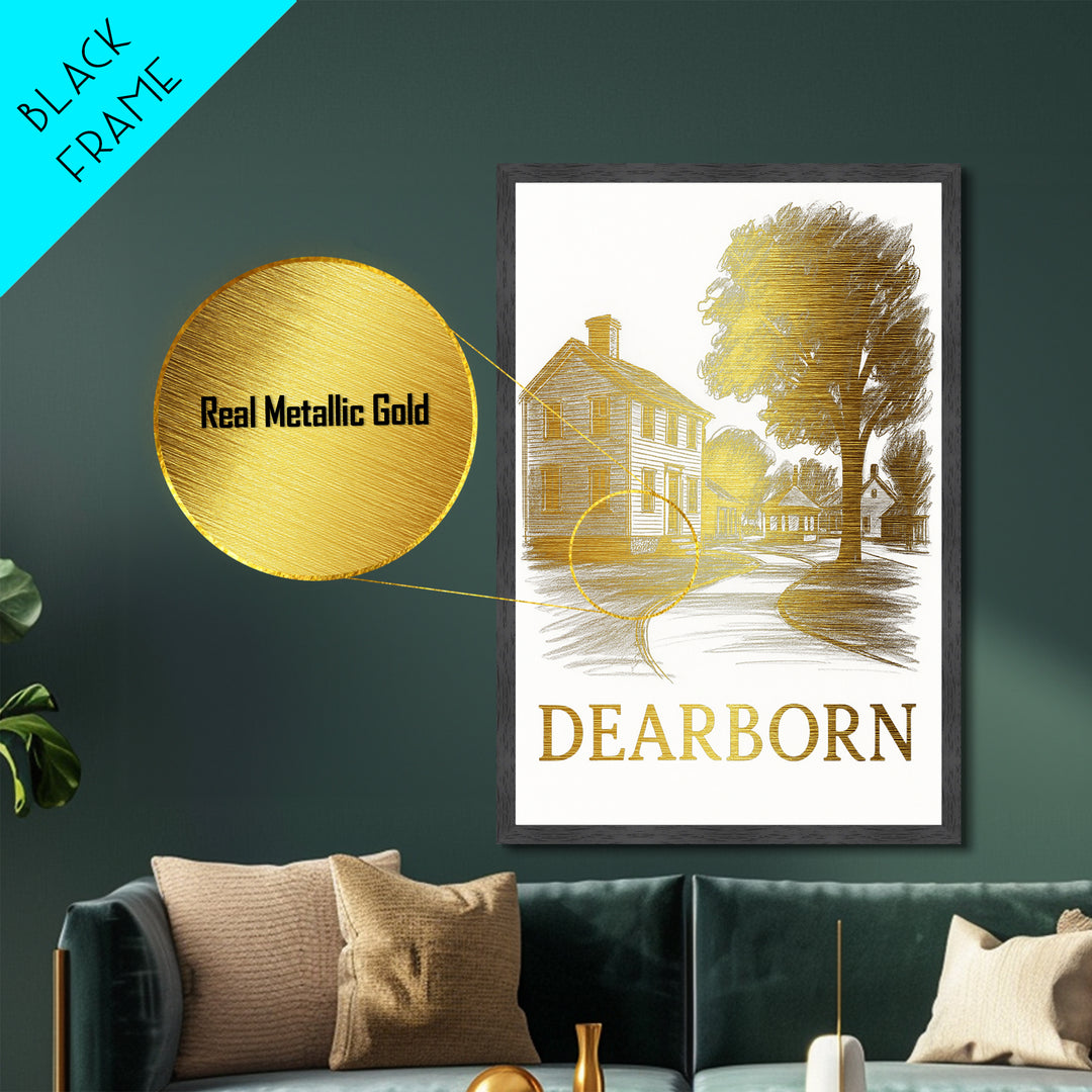 Dearborn Michigan art, Metallic Gold Art, Modern House Art, Metal Art, Wood Framed Art, Graduation Travel Gift, Travel Gift