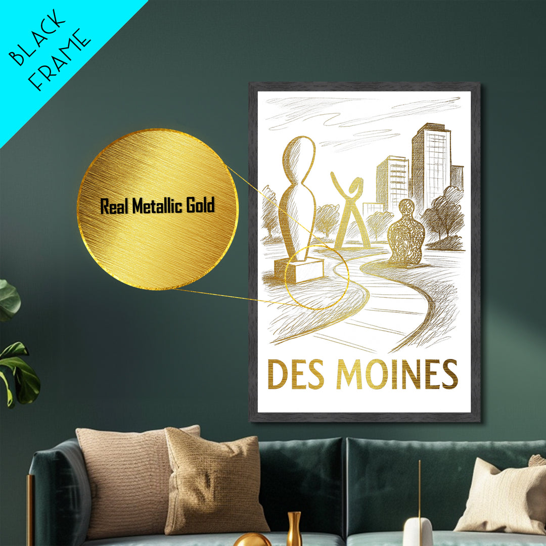 Des Moines Iowa art, Metallic Gold Art, Office Decor, Metal Art, Wood Framed Art, Graduation Travel Gift, Destination Gift