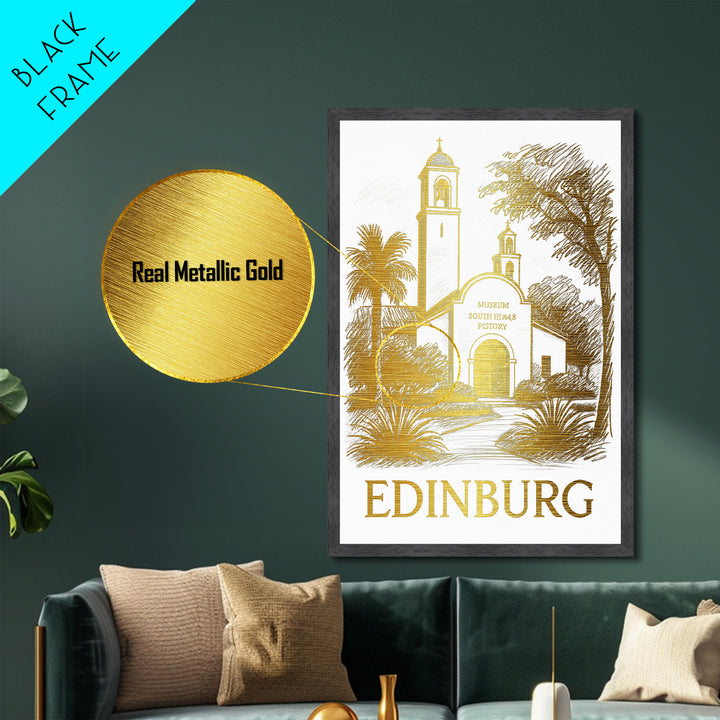 Edinburg Texas art, Metallic Gold Art, Housewarming Gift, Metal Art, Wood Framed Art, Newlywed Travel Gift, Honeymoon Gift