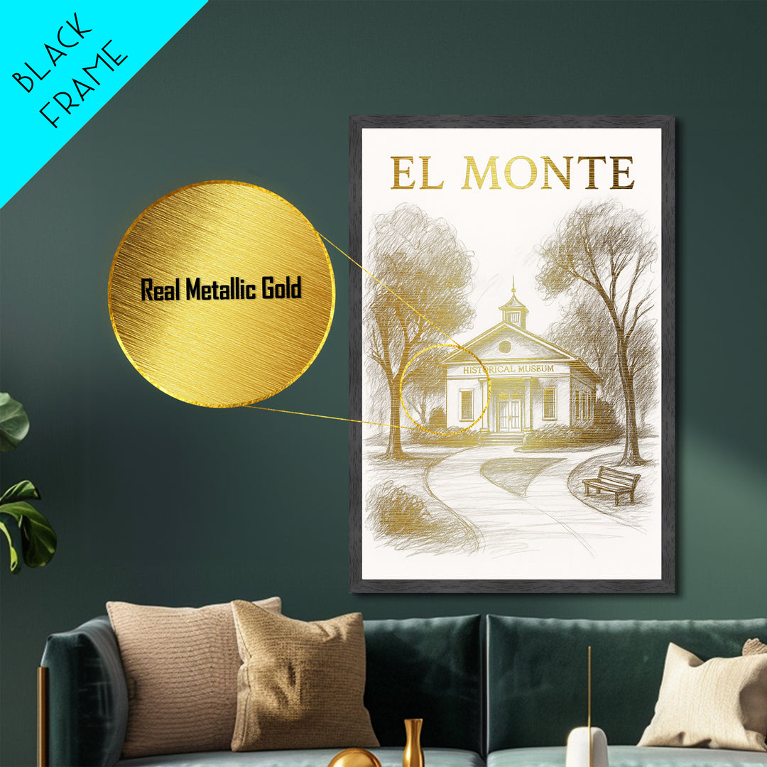 El Monte California travel, Metallic Gold Print, Closing Gift, Metal Art, Wood Framed Art, Anniversary Travel Gift, Retirement Travel Gift