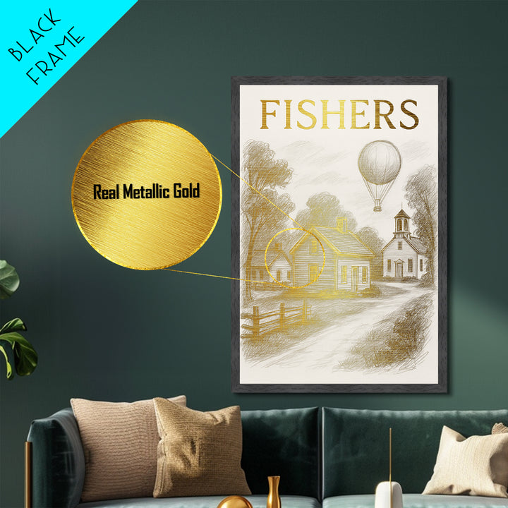 Fishers Indiana travel, Metallic Gold Print, Closing Gift, Metal Art, Wood Framed Art, Anniversary Travel Gift, Retirement Travel Gift