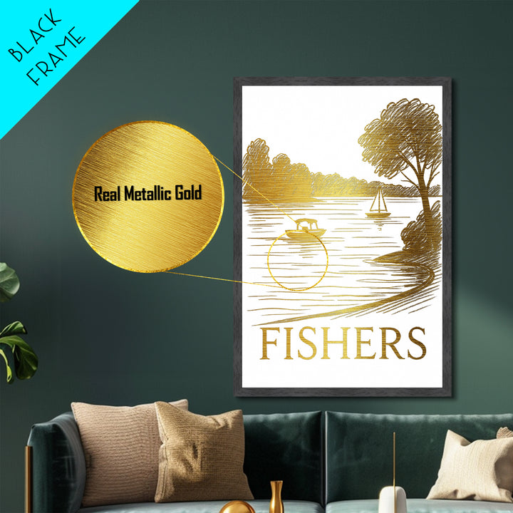 Fishers Indiana art, Metallic Gold Art, Office Decor, Metal Art, Wood Framed Art, Graduation Travel Gift, Destination Gift