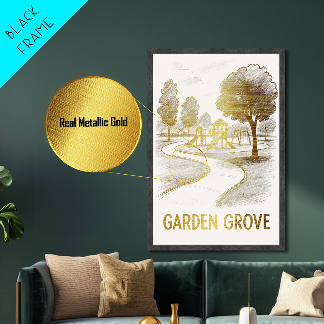 Garden Grove California art, Metallic Gold Art, Travel Art Prints, Metal Art, Wood Framed Art, Adventure Lover Gift