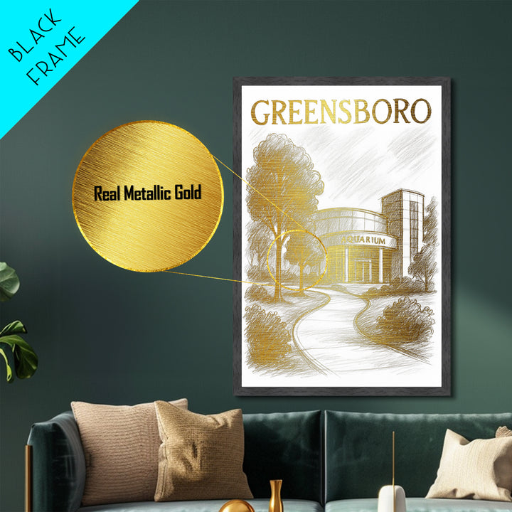 Greensboro North Carolina travel, Metallic Gold Print, College Dorm Décor, Metal Art, Wood Framed Art, Graduation Travel Gift