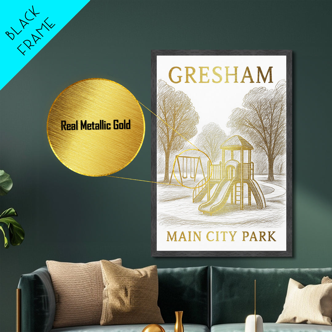 Gresham Oregon travel, Metallic Gold Print, Modern Skyline Wall Print, Metal Art, Wood Framed Art, Adventure Lover Gift, Travel Gift
