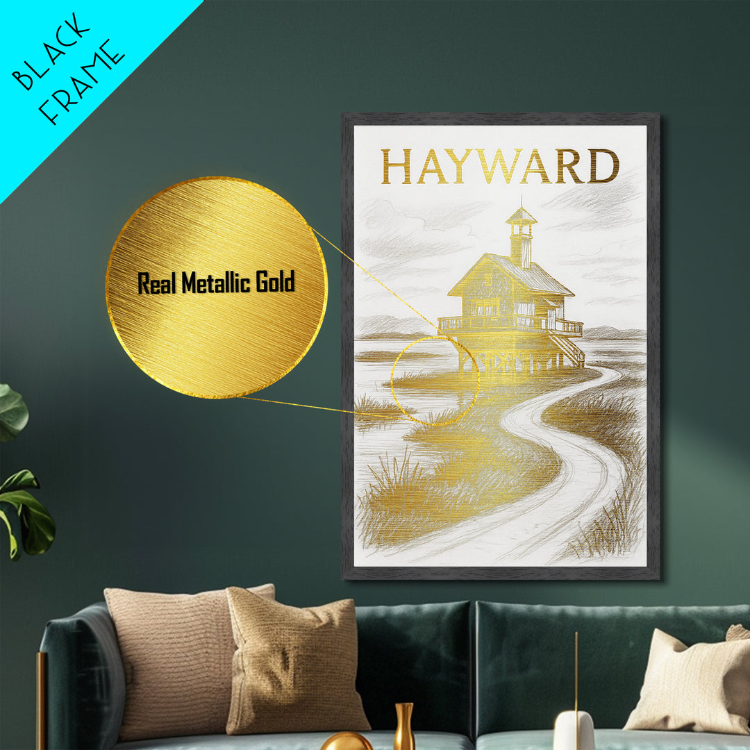 Hayward California travel, Metallic Gold Print, Modern House Art, Metal Art, Wood Framed Art, Traveler Gift, Destination Gift
