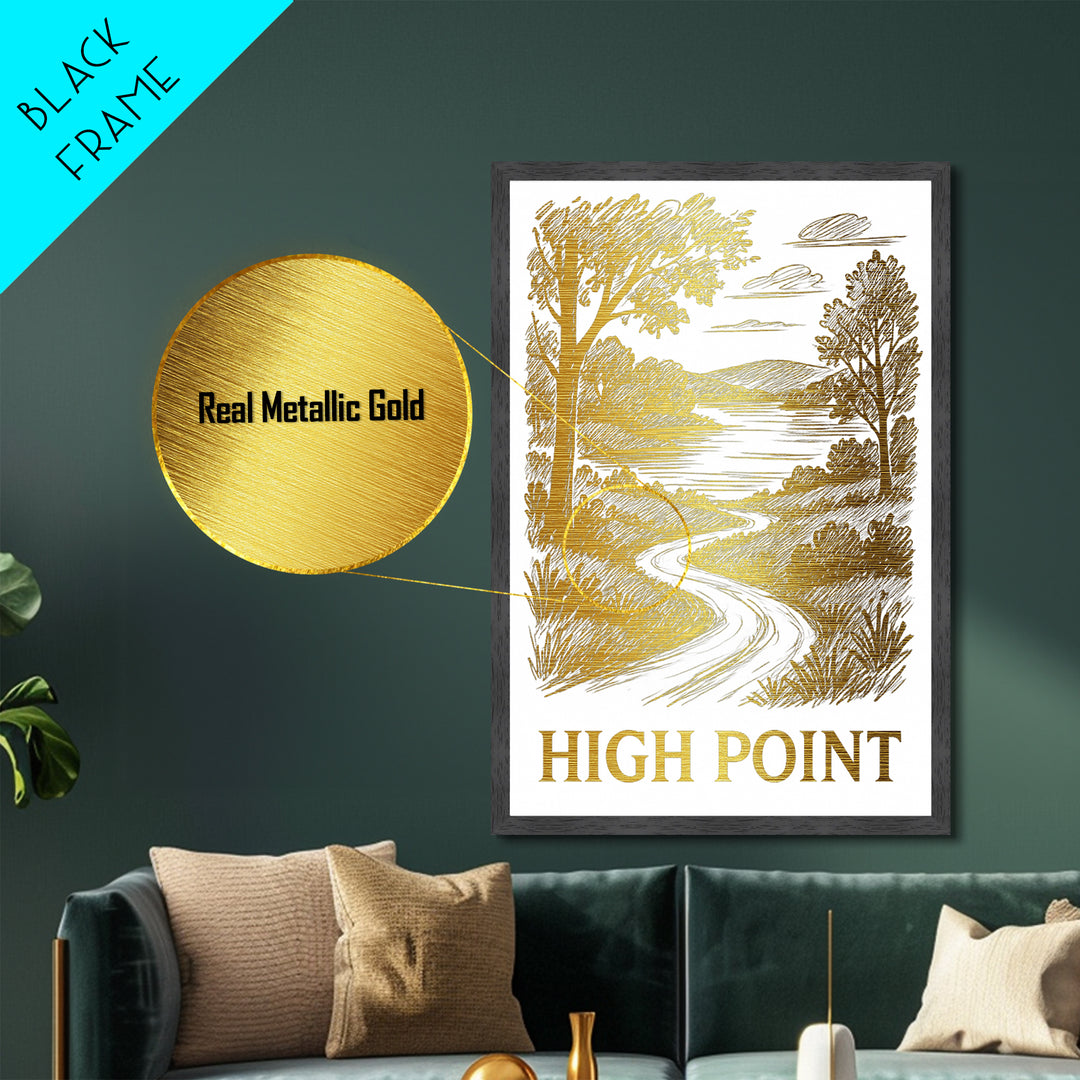 High Point North Carolina art, Metallic Gold Art, Travel Art Prints, Metal Art, Wood Framed Art, Adventure Lover Gift, Traveler Gift