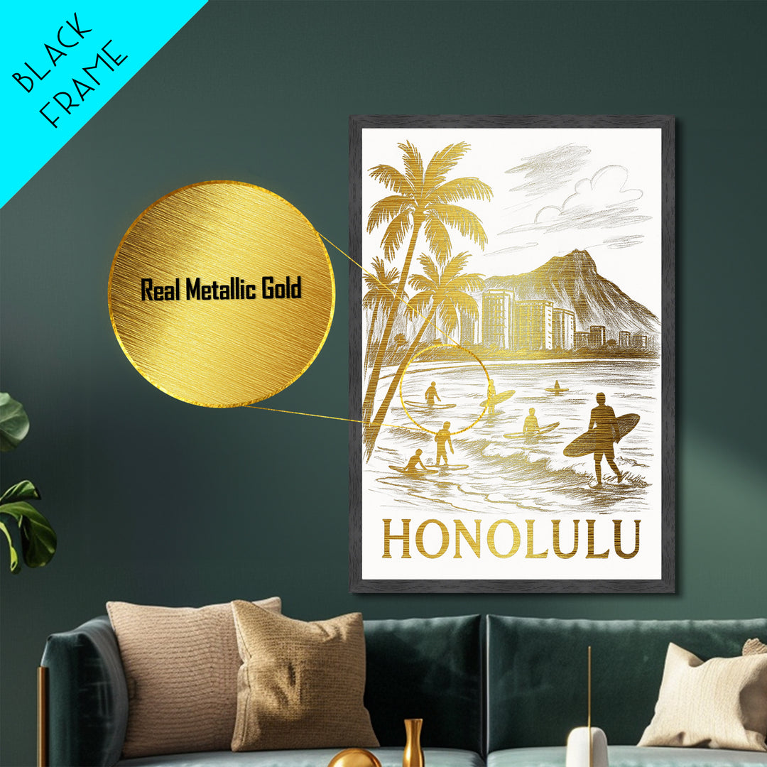 Honolulu Hawaii art, Metallic Gold Art, Housewarming Gift, Metal Art, Wood Framed Art, Newlywed Travel Gift, Honeymoon Gift