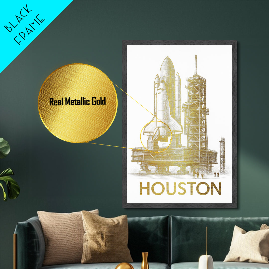 Houston Texas travel, Metallic Gold Print, Closing Gift, Metal Art, Wood Framed Art, Anniversary Travel Gift, Retirement Travel Gift