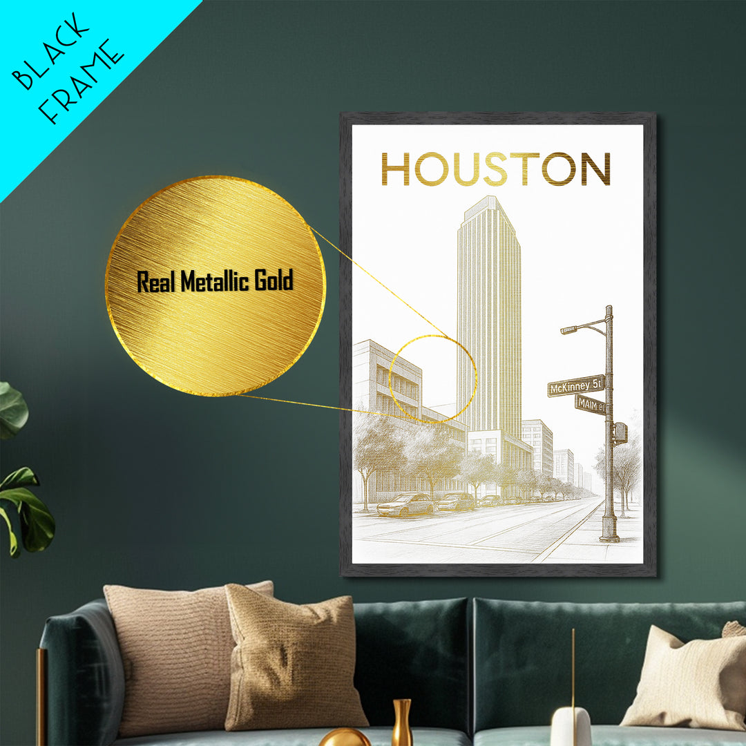 Houston Texas art, Metallic Gold Art, Office Decor, Metal Art, Wood Framed Art, Graduation Travel Gift, Destination Gift