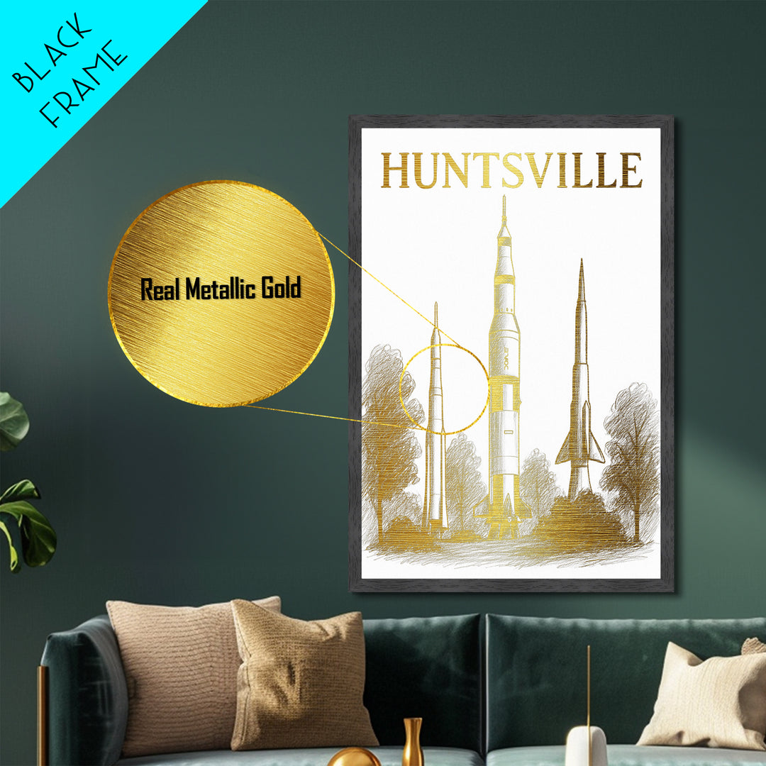 Huntsville Alabama travel, Metallic Gold Print, Modern House Art, Metal Art, Wood Framed Art, Traveler Gift, Destination Gift