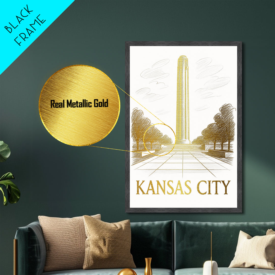 Kansas City Kansas travel, Metallic Gold Print, Modern House Art, Metal Art, Wood Framed Art, Wanderlust Gift, Travel Art Prints
