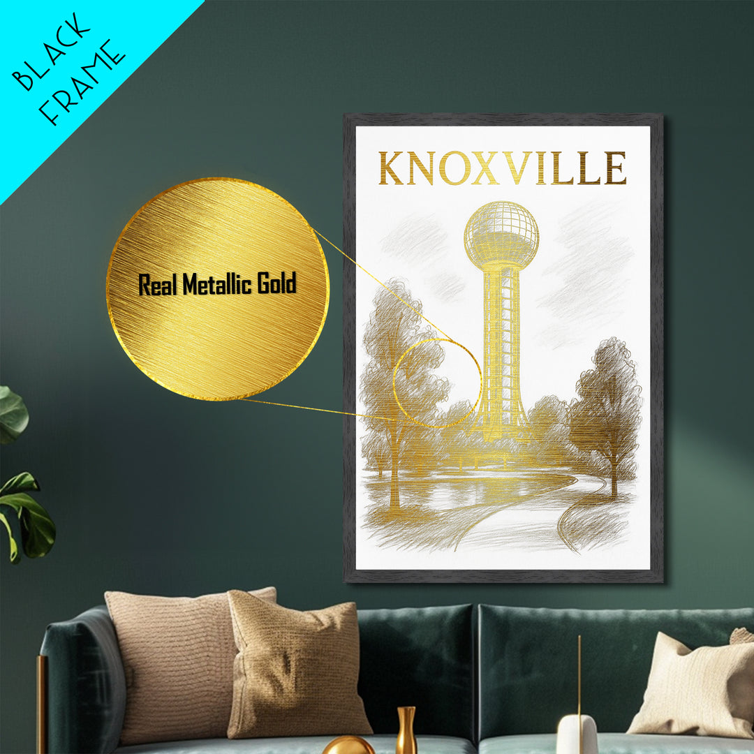 Knoxville Tennessee travel, Metallic Gold Print, Modern Skyline Wall Print, Metal Art, Wood Framed Art, Adventure Lover Gift, Travel Gift