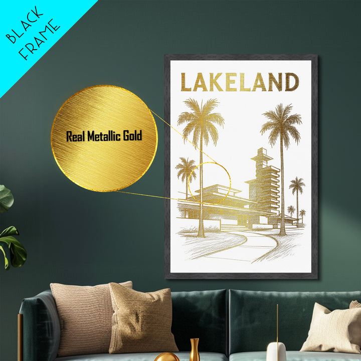 Lakeland Florida travel, Metallic Gold Print, Modern House Art, Metal Art, Wood Framed Art, Wanderlust Gift, Travel Art Prints