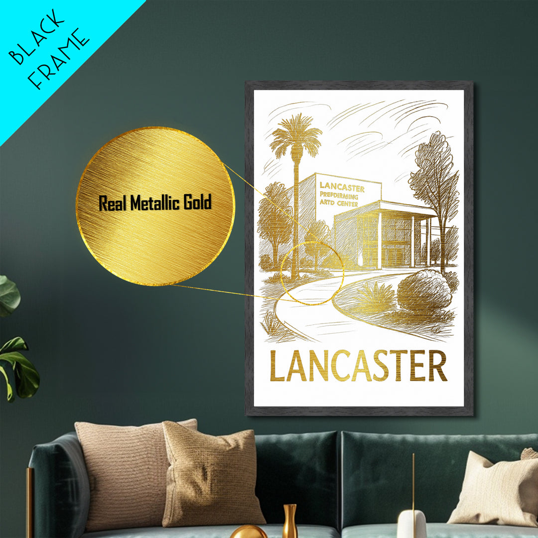 Lancaster California art, Metallic Gold Art, Housewarming Gift, Metal Art, Wood Framed Art, Newlywed Travel Gift, Honeymoon Gift