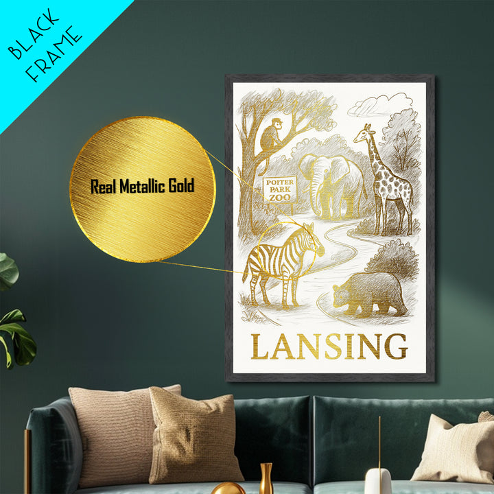 Lansing Michigan art, Metallic Gold Art, Office Decor, Metal Art, Wood Framed Art, Graduation Travel Gift, Destination Gift