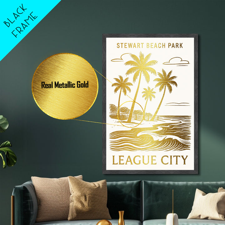 League City Texas art, Metallic Gold Art, Office Decor, Metal Art, Wood Framed Art, Graduation Travel Gift, Destination Gift
