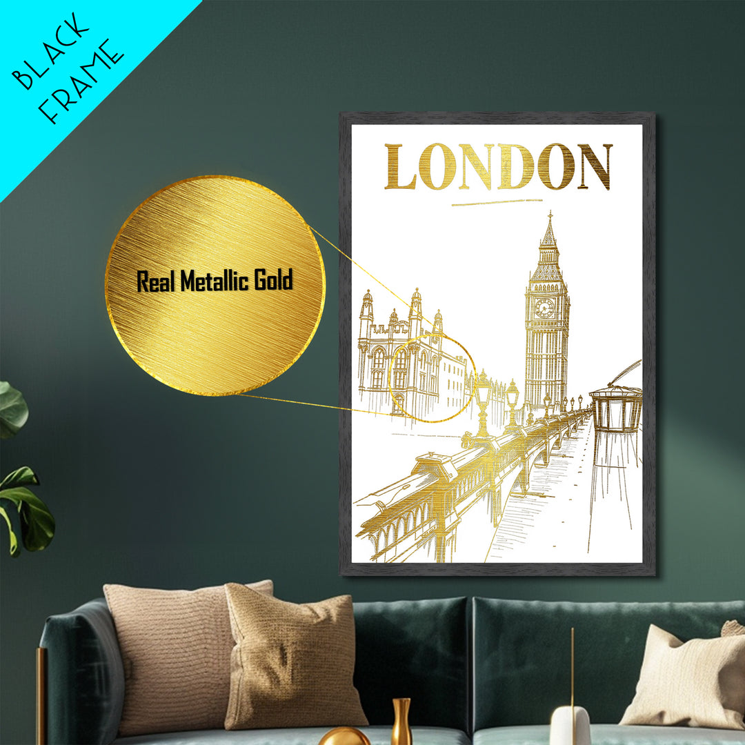 London travel, Metallic Gold Print, Modern House Art, Metal Art, Wood Framed Art, Best Friend Gifts, Wanderlust Gift