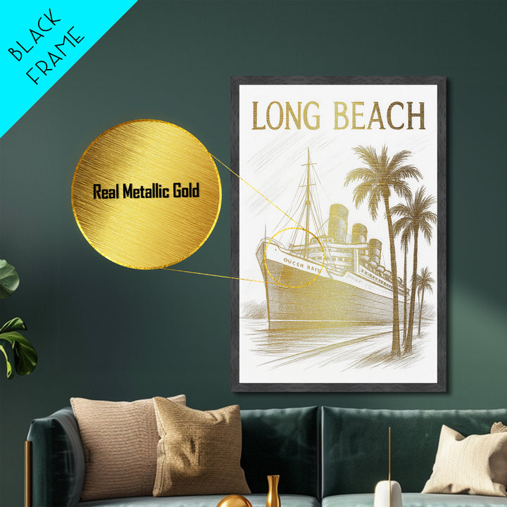 Long Beach California travel, Metallic Gold Print, Modern House Art, Metal Art, Wood Framed Art, Traveler Gift, Destination Gift