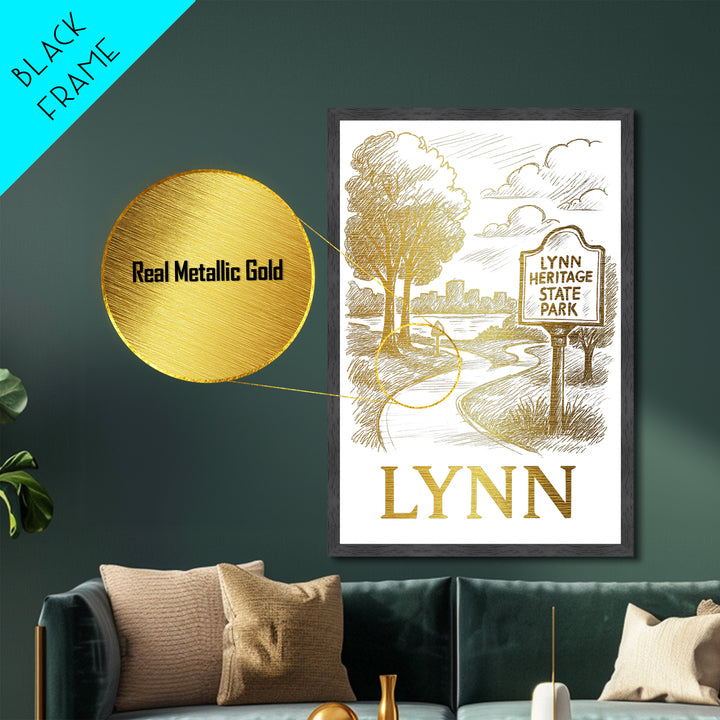 Lynn Massachusetts art, Metallic Gold Art, Modern Skyline Wall Print, Metal Art, Wood Framed Art, Adventure Lover Gift