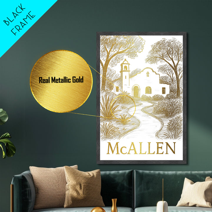 McAllen Texas travel, Metallic Gold Print, College Dorm Décor, Metal Art, Wood Framed Art, Graduation Travel Gift