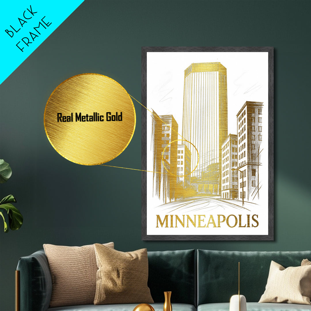 Minneapolis Minnesota travel, Metallic Gold Print, Modern Skyline Wall Print, Metal Art, Wood Framed Art, Adventure Lover Gift