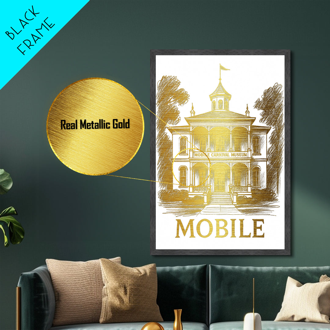 Mobile Alabama travel, Metallic Gold Print, Modern House Art, Metal Art, Wood Framed Art, Wanderlust Gift