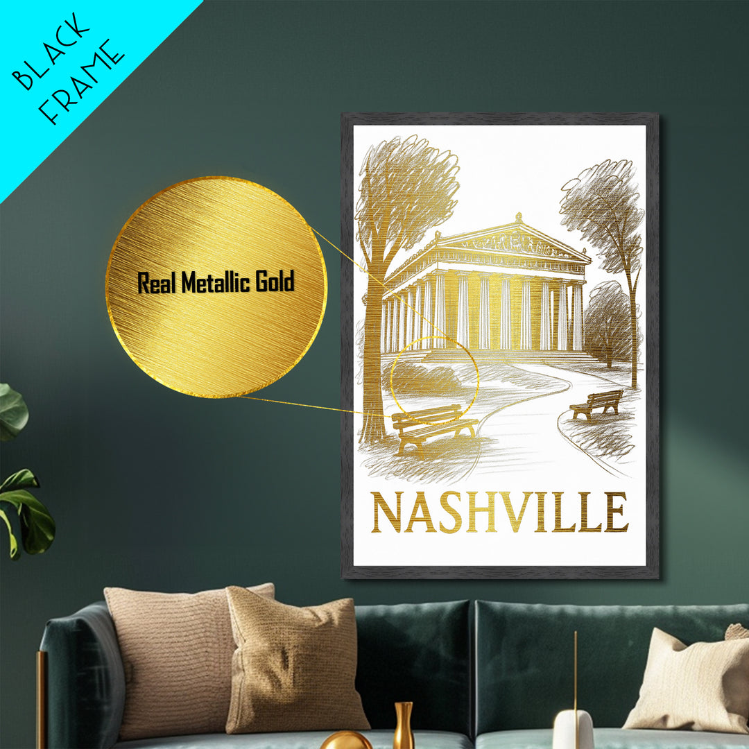 Nashville Tennessee art, Metallic Gold Art, Housewarming Gift, Metal Art, Wood Framed Art, Newlywed Travel Gift, Honeymoon Gift