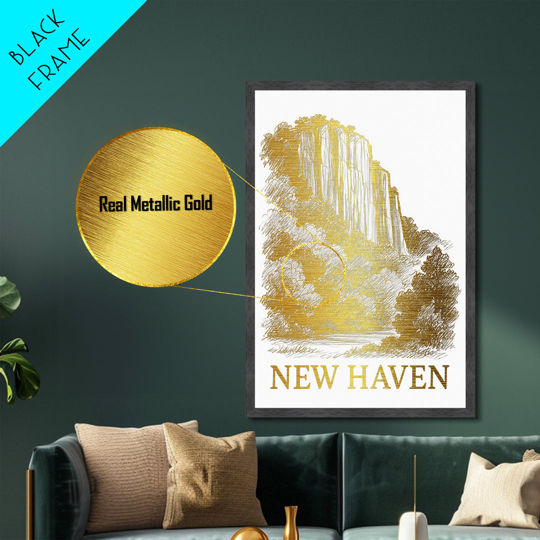 New Haven Connecticut art, Metallic Gold Art, Housewarming Gift, Metal Art, Wood Framed Art, Newlywed Travel Gift, Honeymoon Gift
