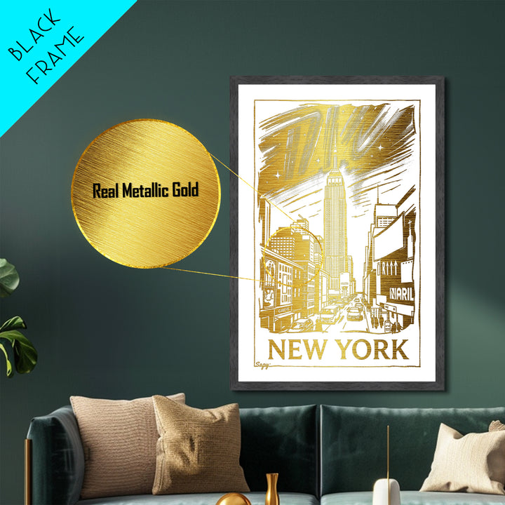 New York New York art, Metallic Gold Art, Housewarming Gift, Metal Art, Wood Framed Art, Newlywed Travel Gift, Honeymoon Gift