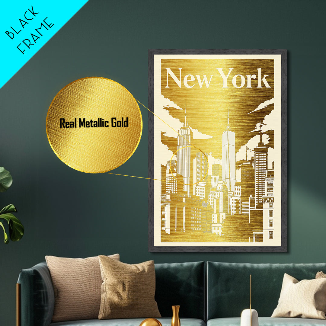 New York New York art, Metallic Gold Art, Office Decor, Metal Art, Wood Framed Art, Graduation Travel Gift, Destination Gift