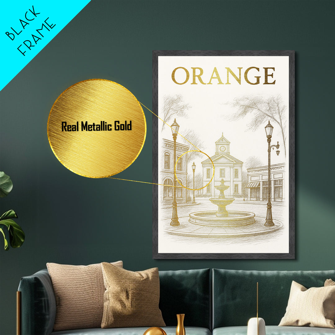 Orange California travel, Metallic Gold Print, Modern Skyline Wall Print, Metal Art, Wood Framed Art, Adventure Lover Gift, Travel Gift