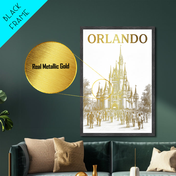 Orlando Florida travel, Metallic Gold Print, Closing Gift, Metal Art, Wood Framed Art, Anniversary Travel Gift, Retirement Travel Gift