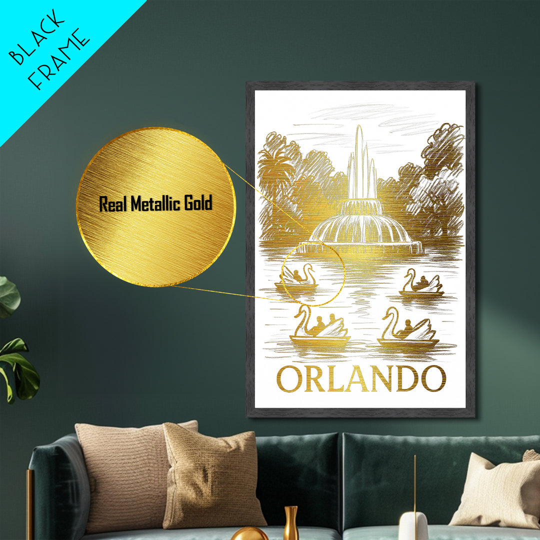 Orlando Florida art, Metallic Gold Art, Office Decor, Metal Art, Wood Framed Art, Graduation Travel Gift, Destination Gift