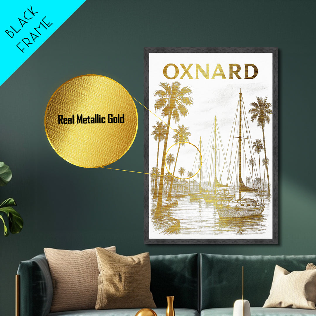 Oxnard California travel, Metallic Gold Print, Modern House Art, Metal Art, Wood Framed Art, Traveler Gift, Destination Gift