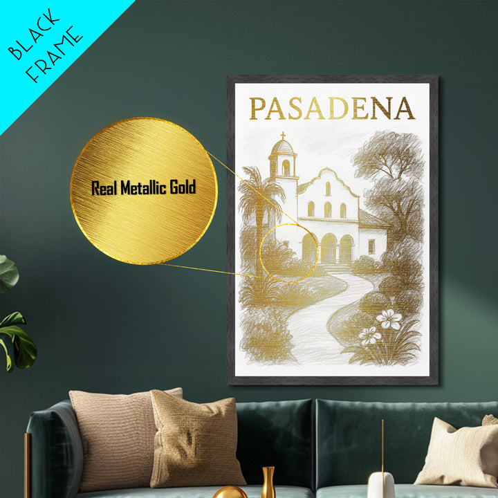 Pasadena California travel, Metallic Gold Print, Closing Gift, Metal Art, Wood Framed Art, Anniversary Travel Gift, Retirement Travel Gift