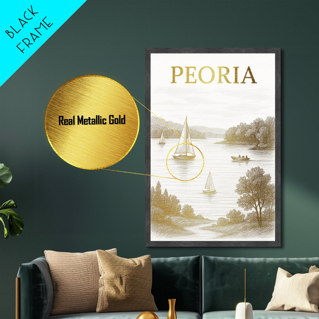 Peoria Illinois travel, Metallic Gold Print, Closing Gift, Metal Art, Wood Framed Art, Anniversary Travel Gift, Retirement Travel Gift
