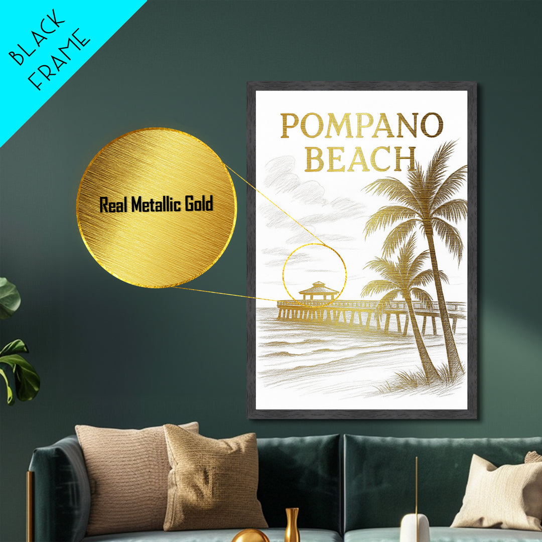 Pompano Beach Florida travel, Metallic Gold Print, Modern House Art, Metal Art, Wood Framed Art, Traveler Gift, Destination Gift
